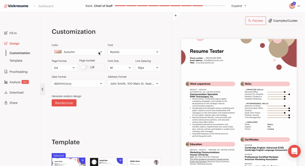 Kickresume resume creation gif