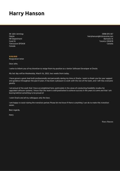 Resignation Letter sample generated by Kickresume AI Resignation Letter Generator.