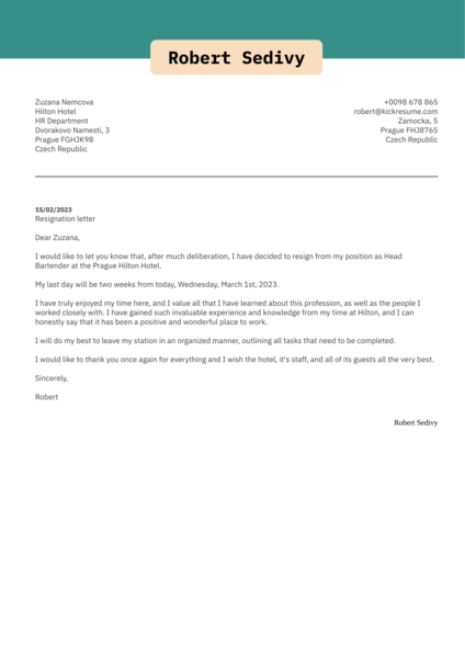 Resignation Letter sample generated by Kickresume AI Resignation Letter Generator.