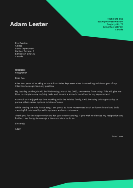Resignation Letter sample generated by Kickresume AI Resignation Letter Generator.