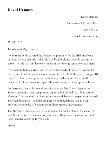 Cover letter created in Word