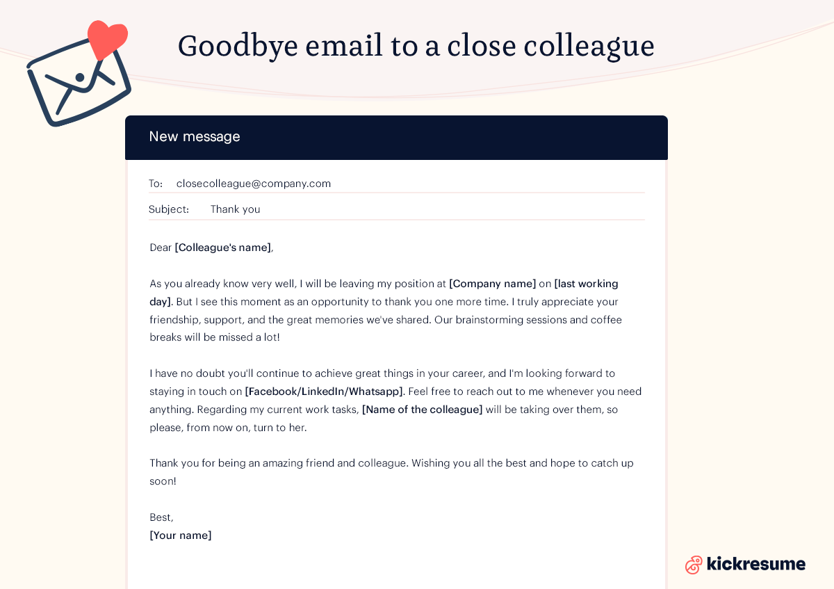 Goodbye email to close colleague sample