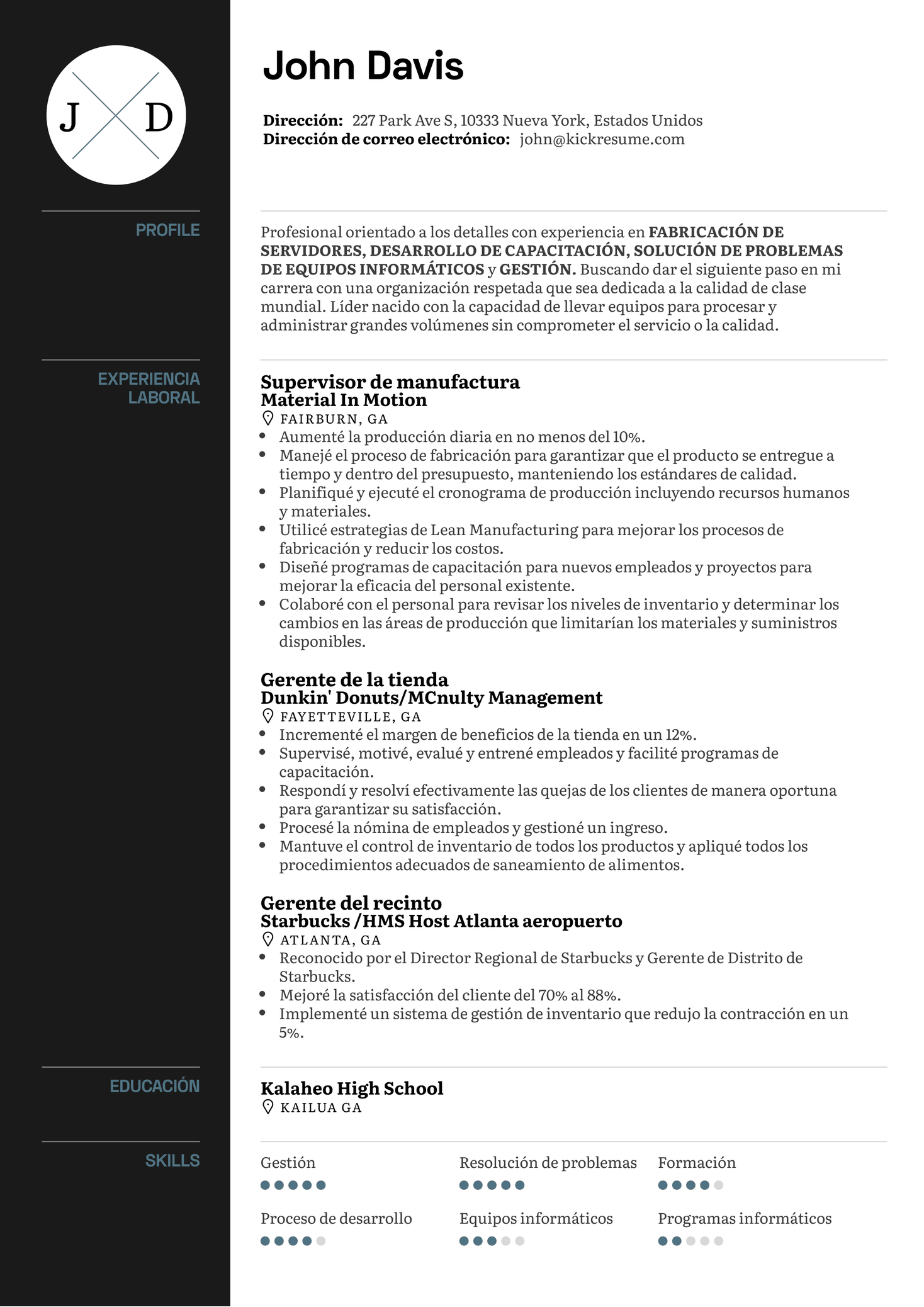 Supervisor de fabricación del servidor en Google currículum ejemplo [ES]