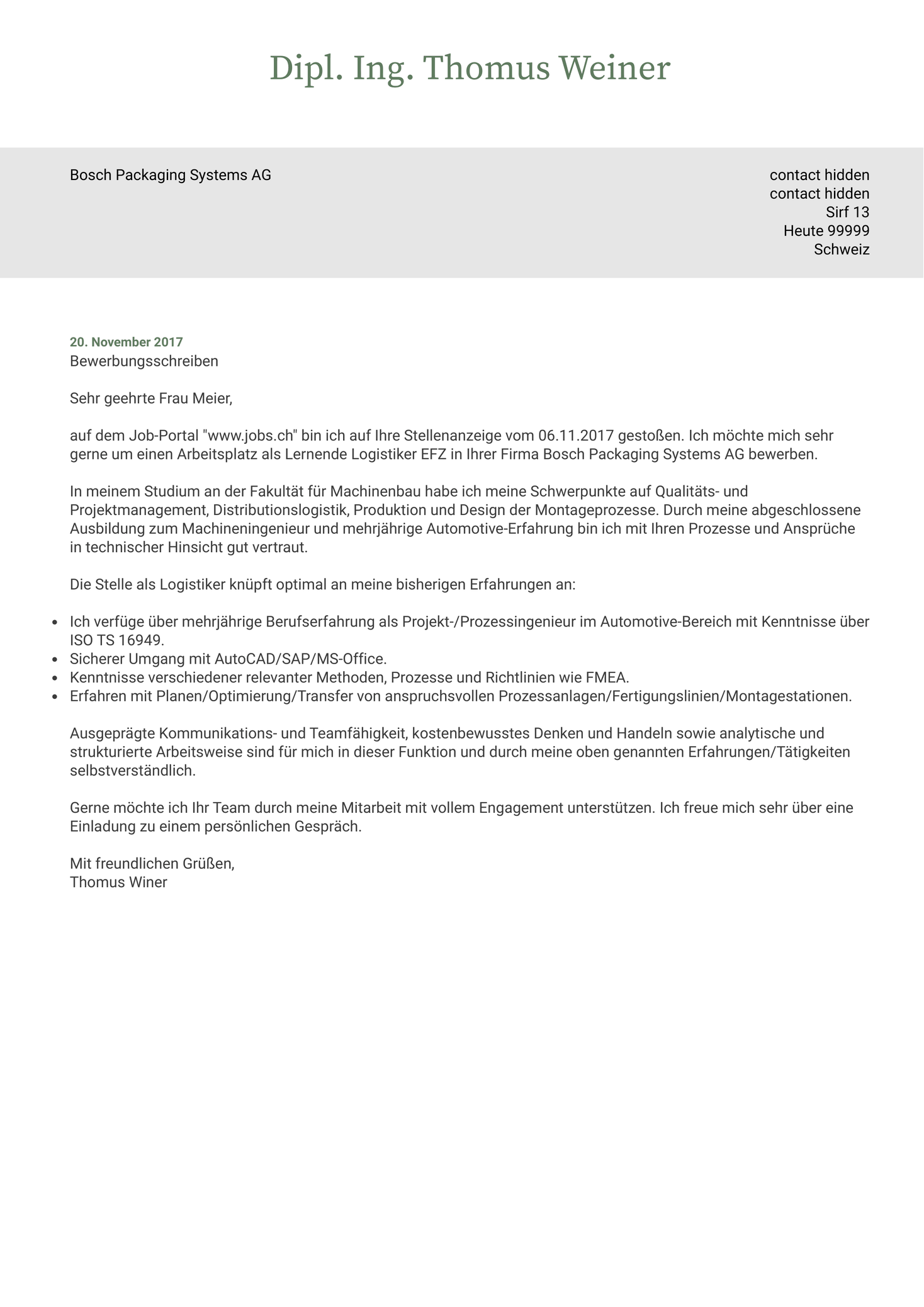 Bosch Maschinenbauingenieur Lebenslauf Sample [DE]