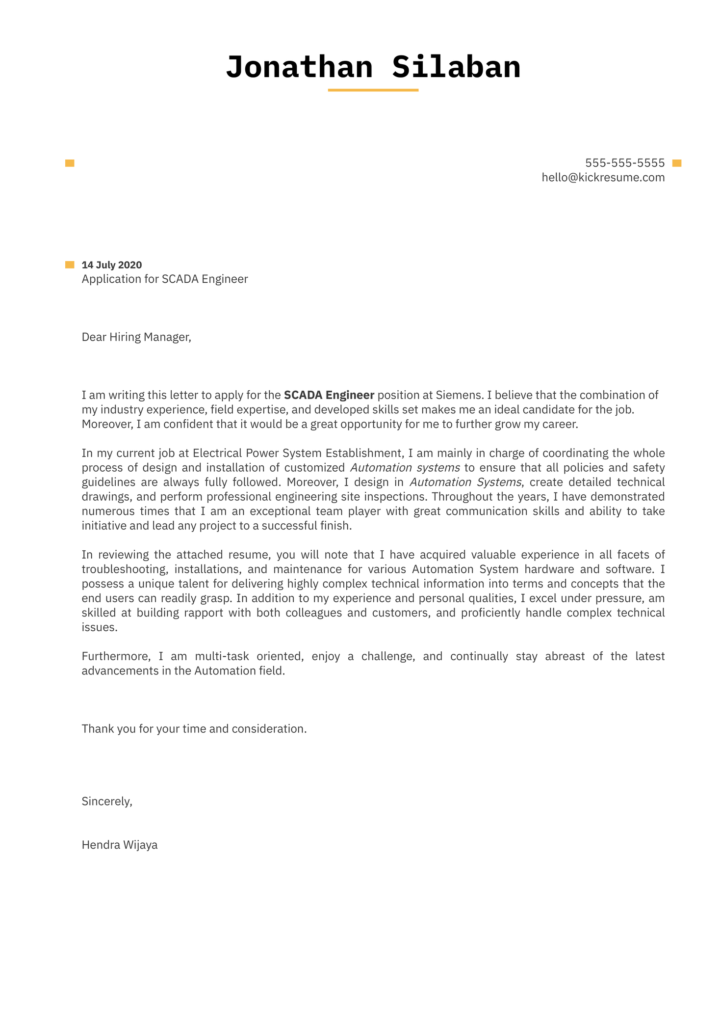 Siemens SCADA Engineer Cover Letter Template