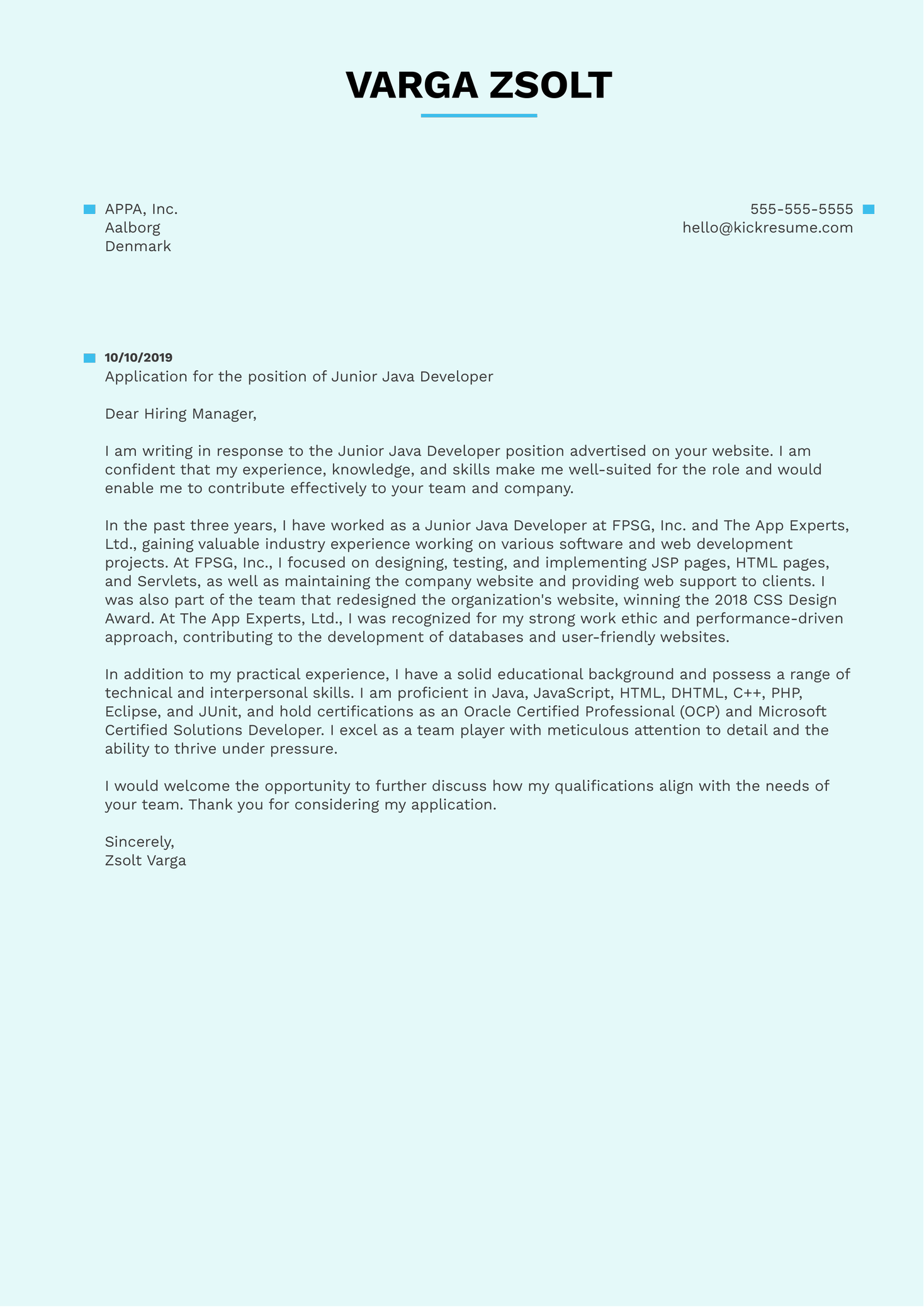 Junior Java Developer Cover Letter Sample