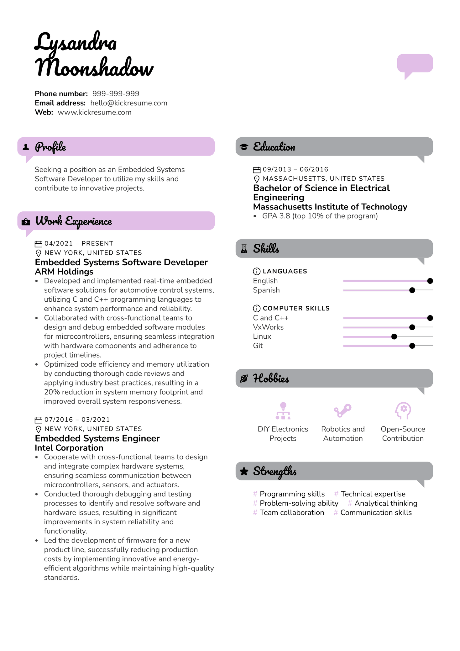Embedded Systems Software Developer Resume Sample