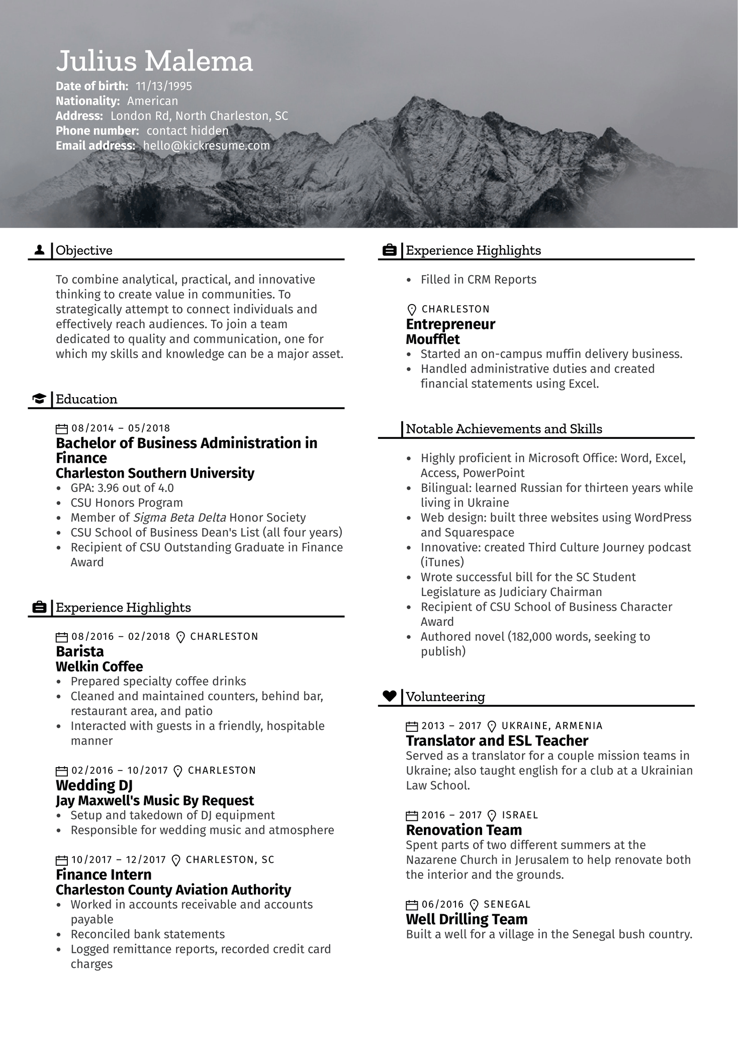 Finance Intern Resume Example