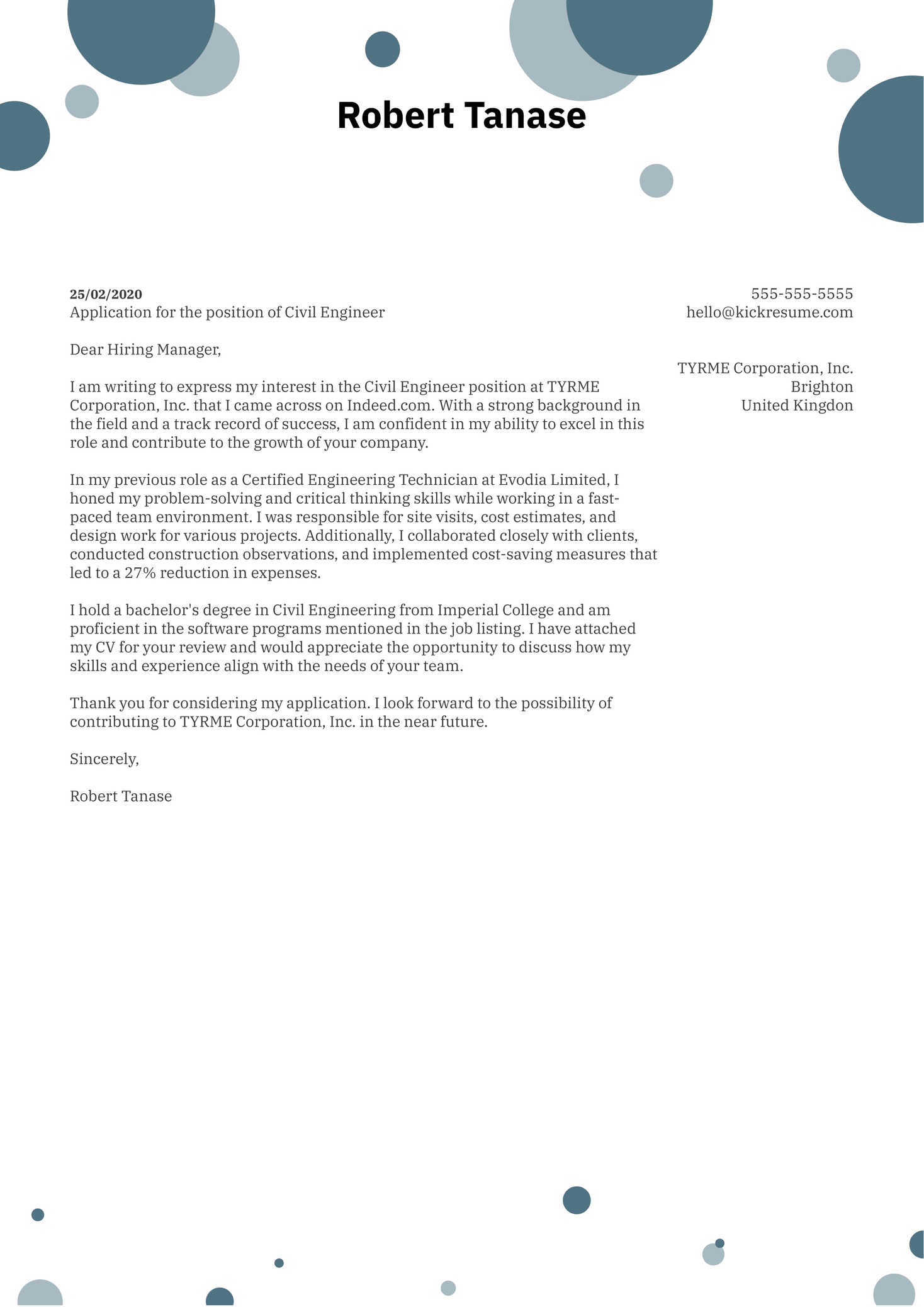 Civil Engineer Cover Letter Example