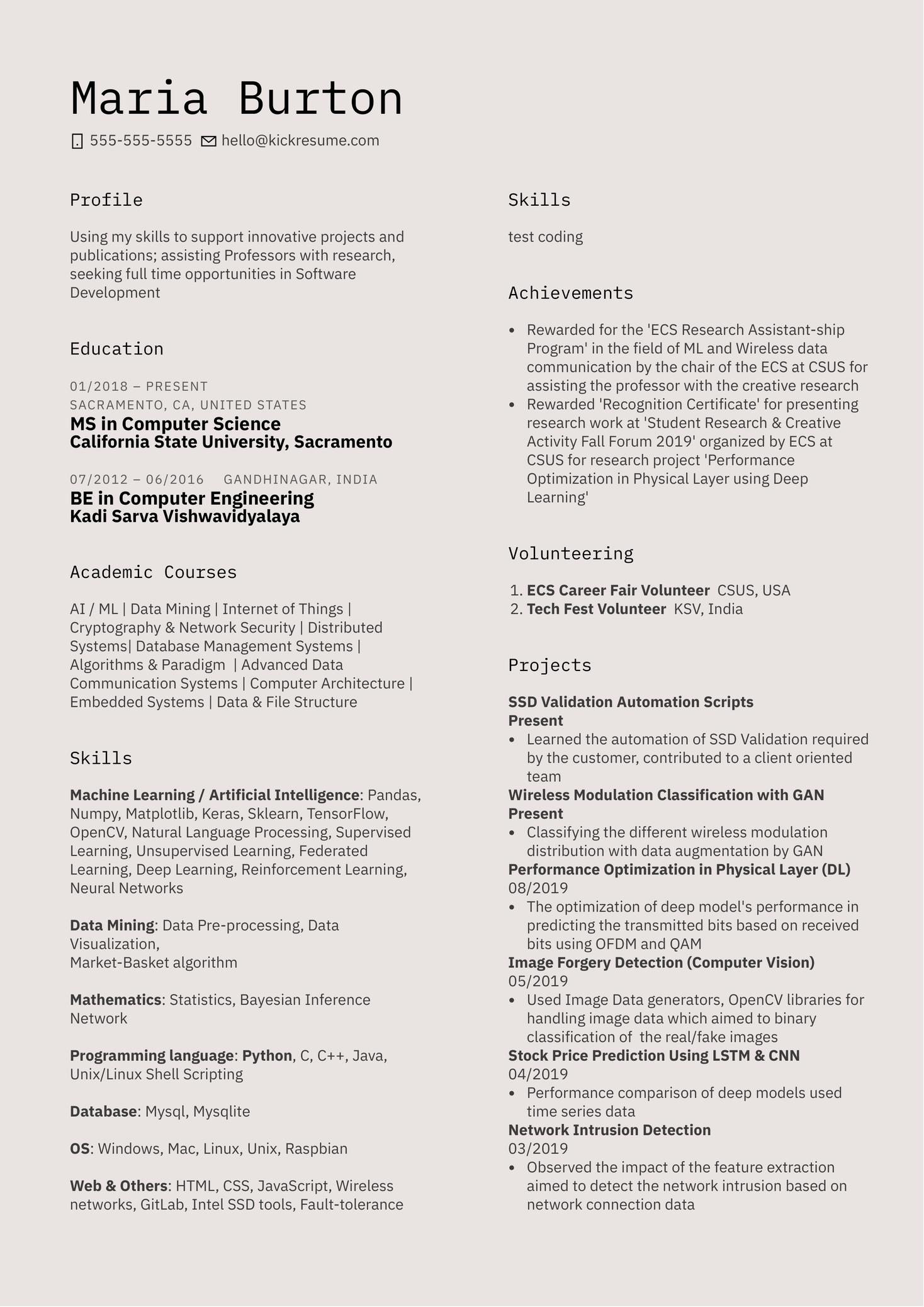 Intel Graduate Intern Resume Example