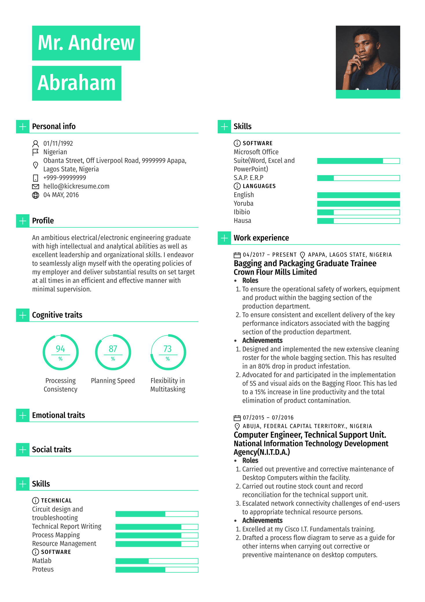 Graduate Engineer Trainee at Olam Resume Template