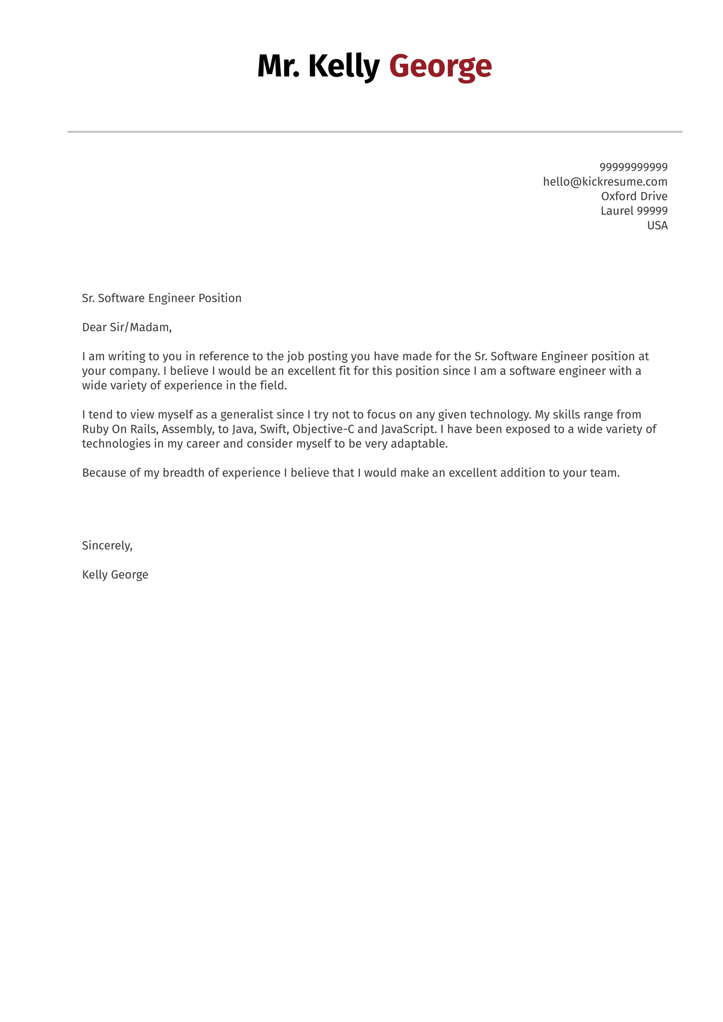 Senior Software Engineer Cover Letter Sample