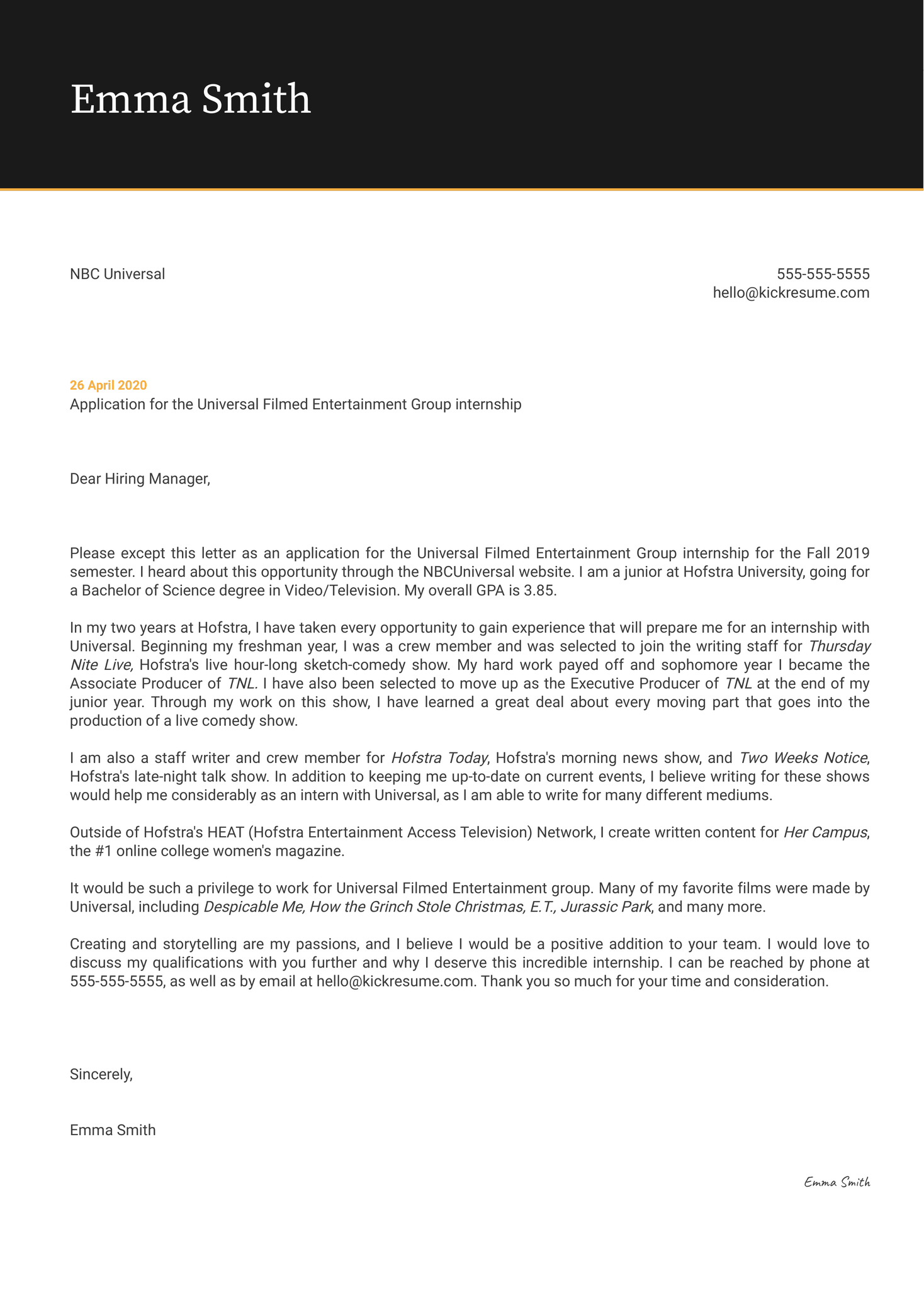 Intern at NBC Cover Letter Sample