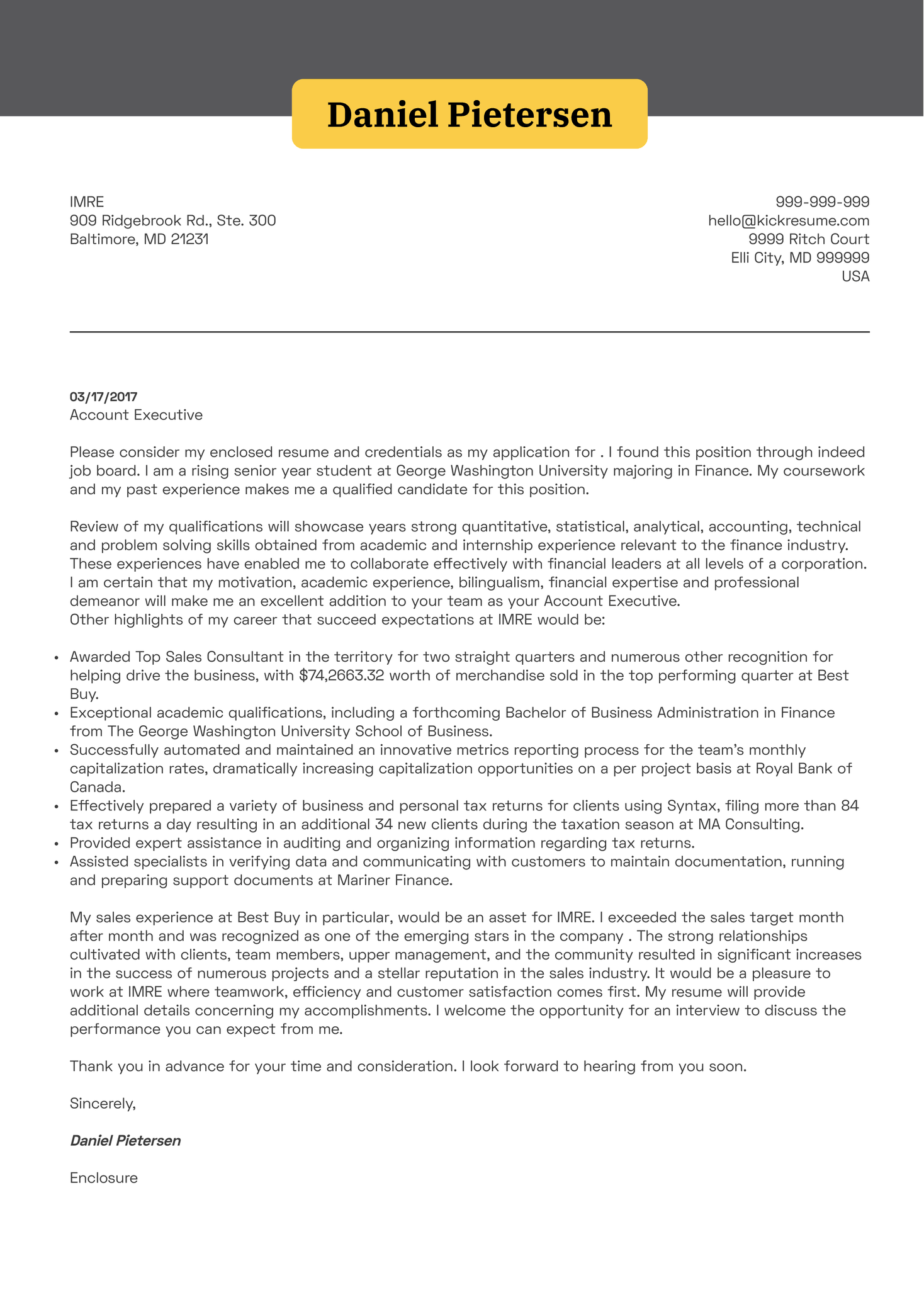 Algorithm Design Engineer Cover Letter Example