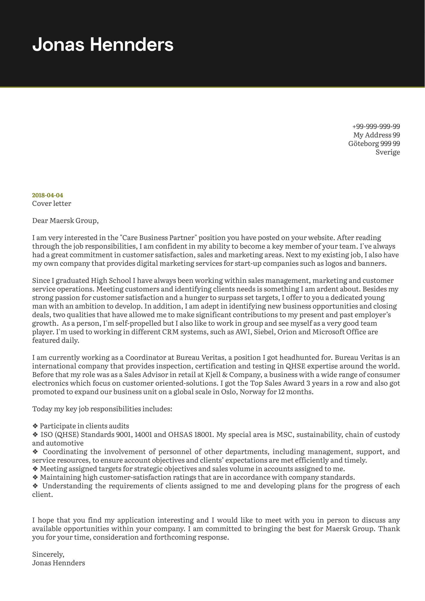 Maersk Business Partner Cover Letter Example