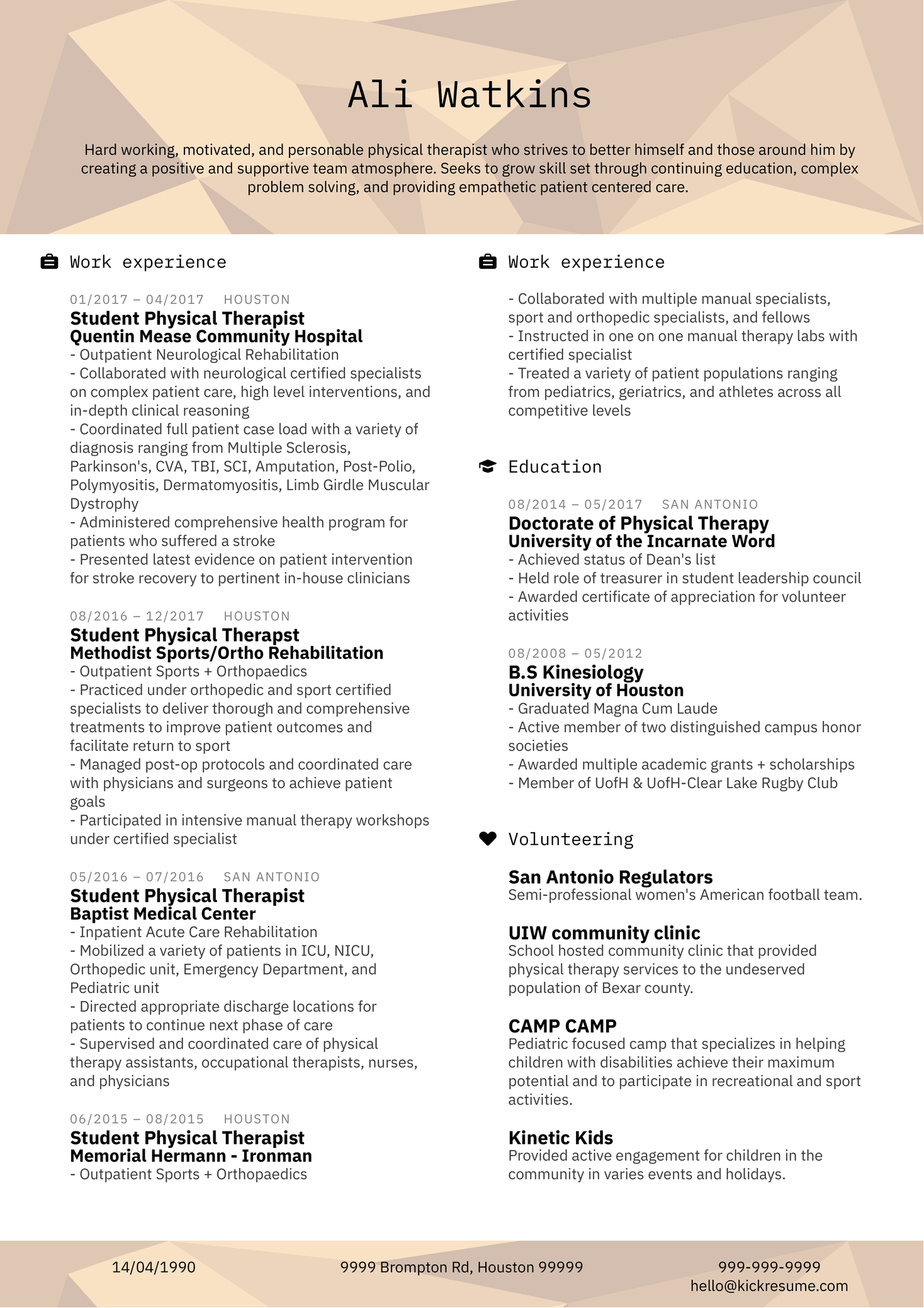 Physical Therapist at Houston Medical Center Resume Sample