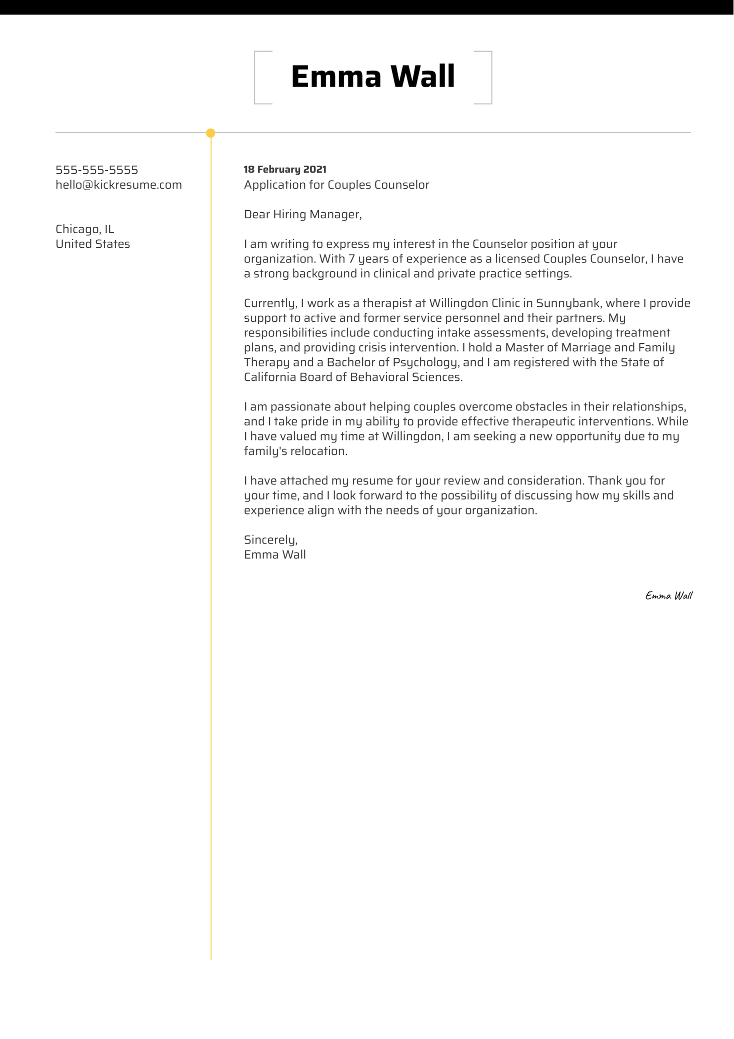 Couples Counselor Cover Letter Example