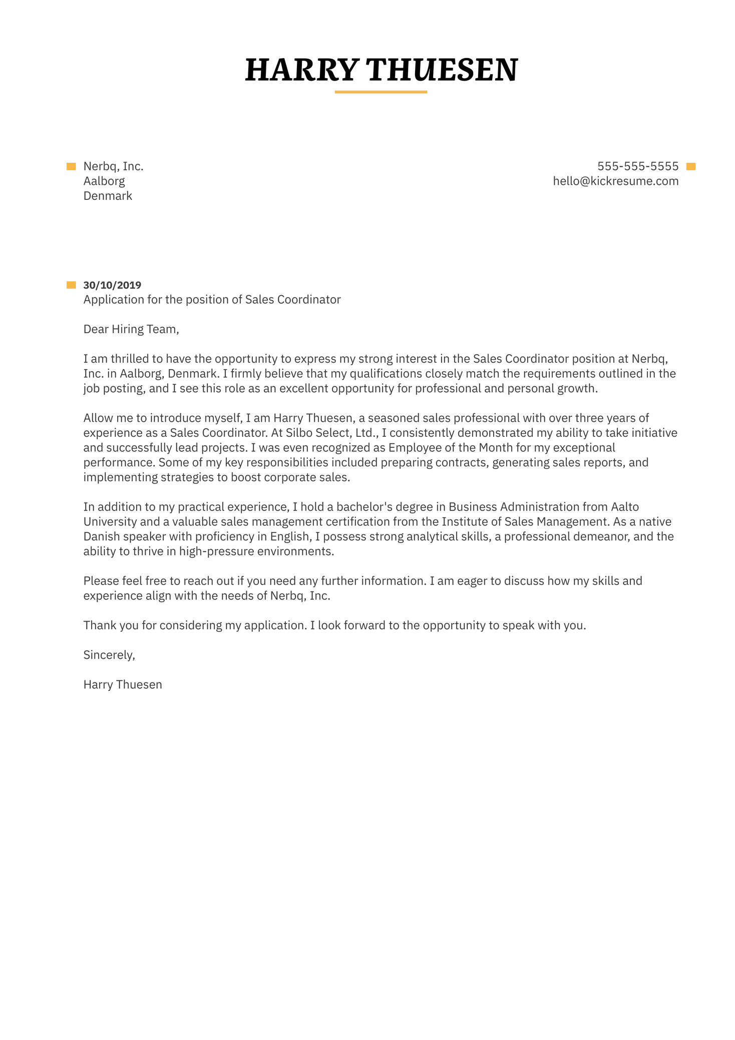 Sales Coordinator Cover Letter Sample