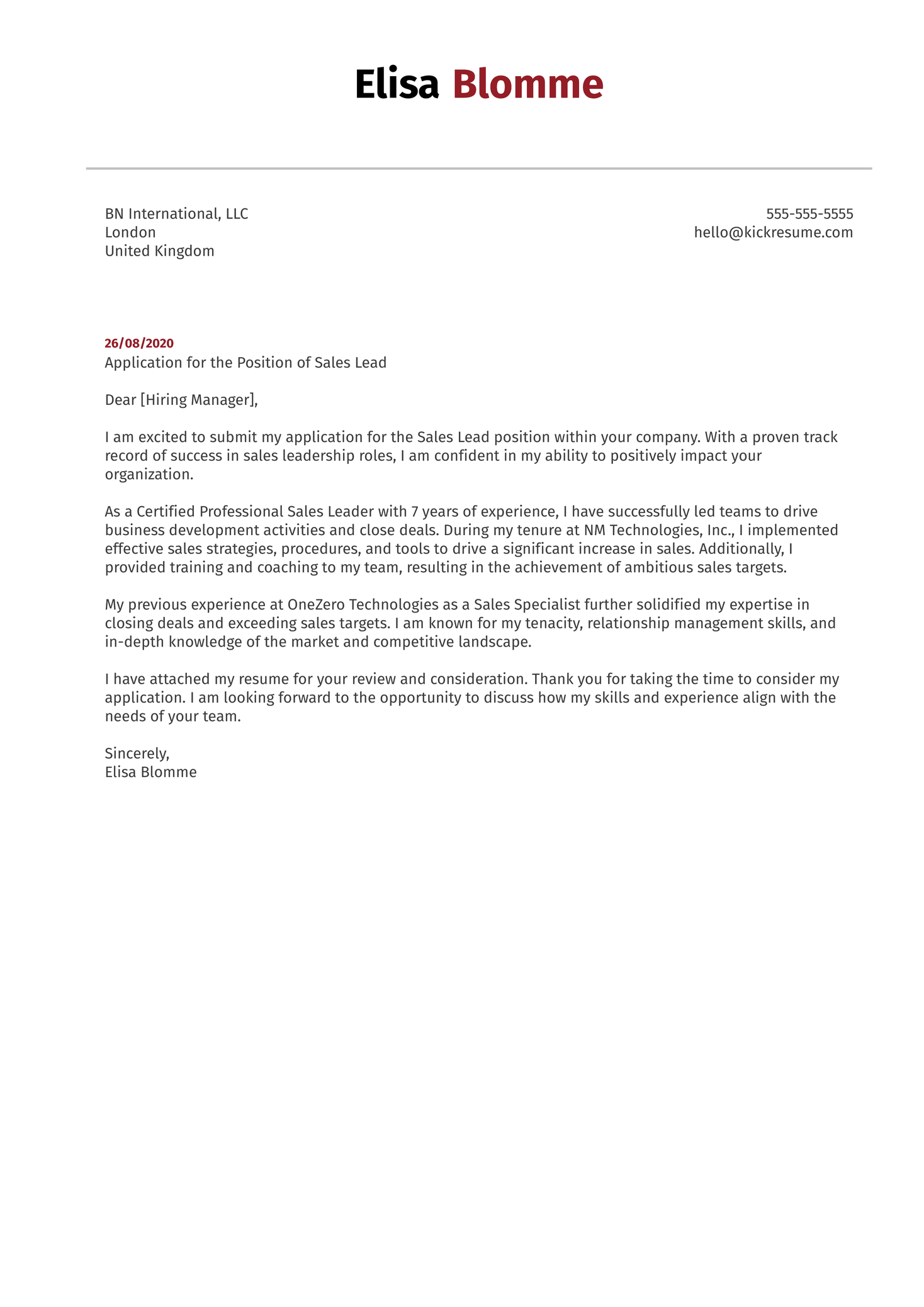 Sales Lead Cover Letter Sample