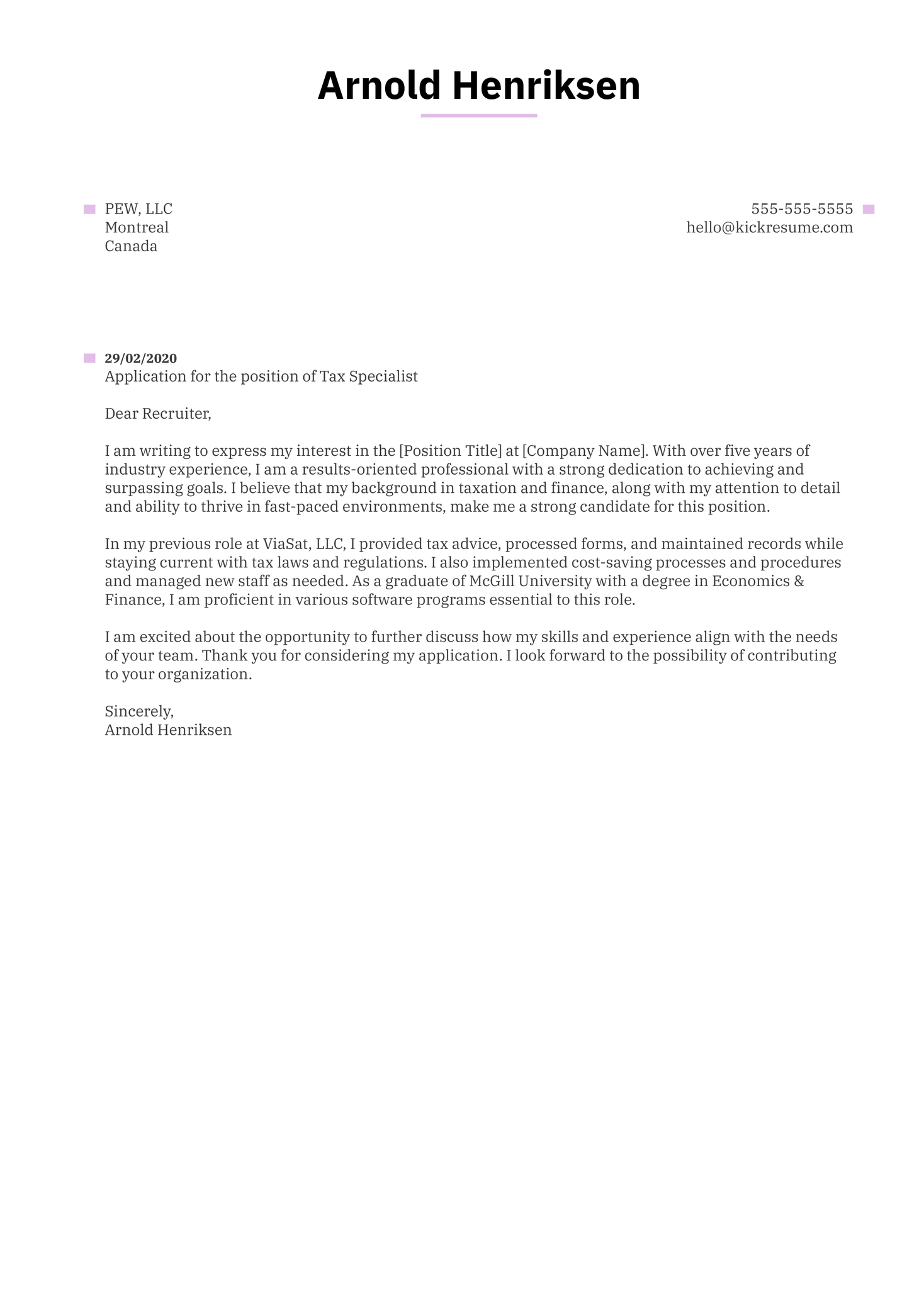 Tax Specialist Cover Letter Example