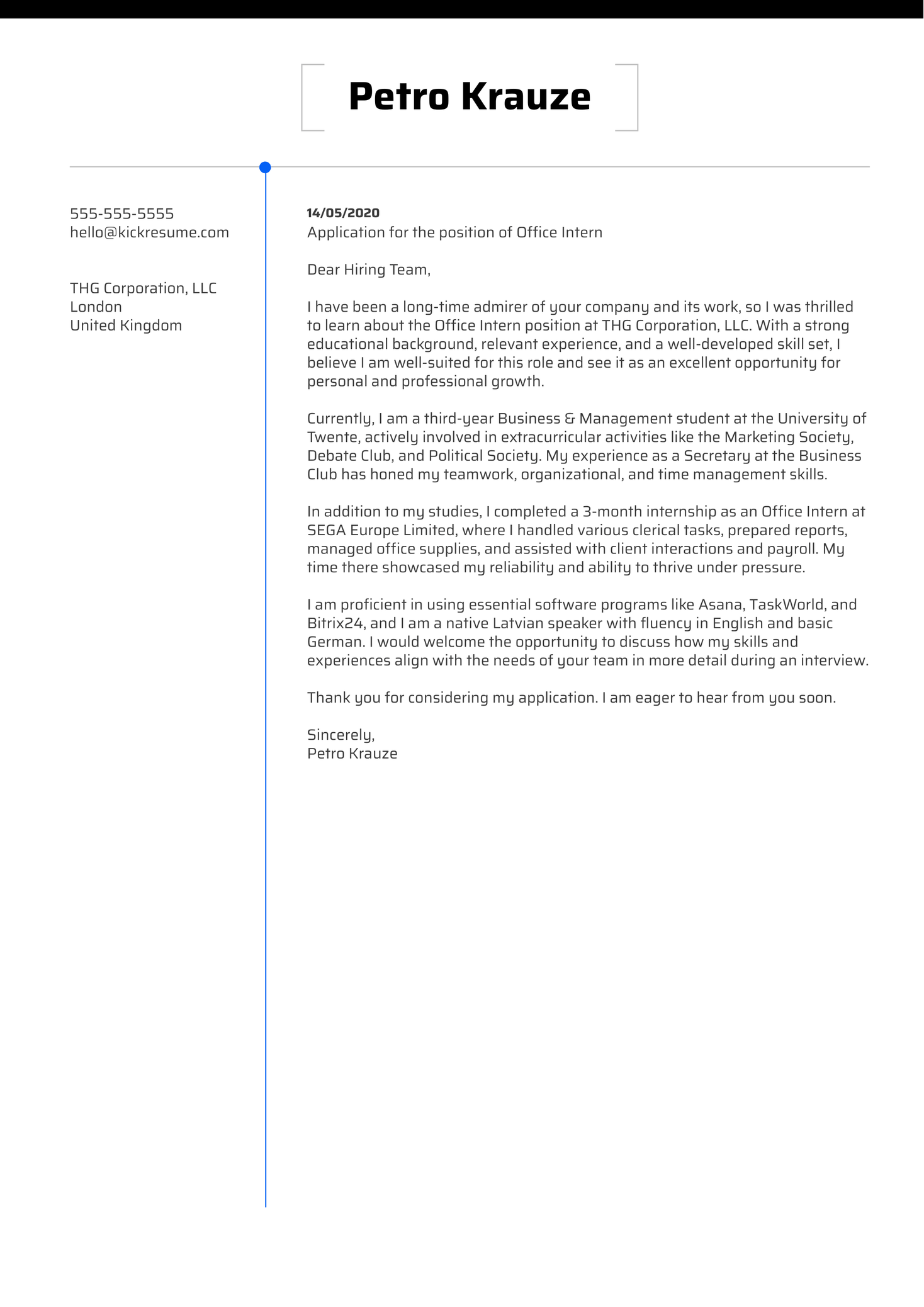 Office Intern Cover Letter Example