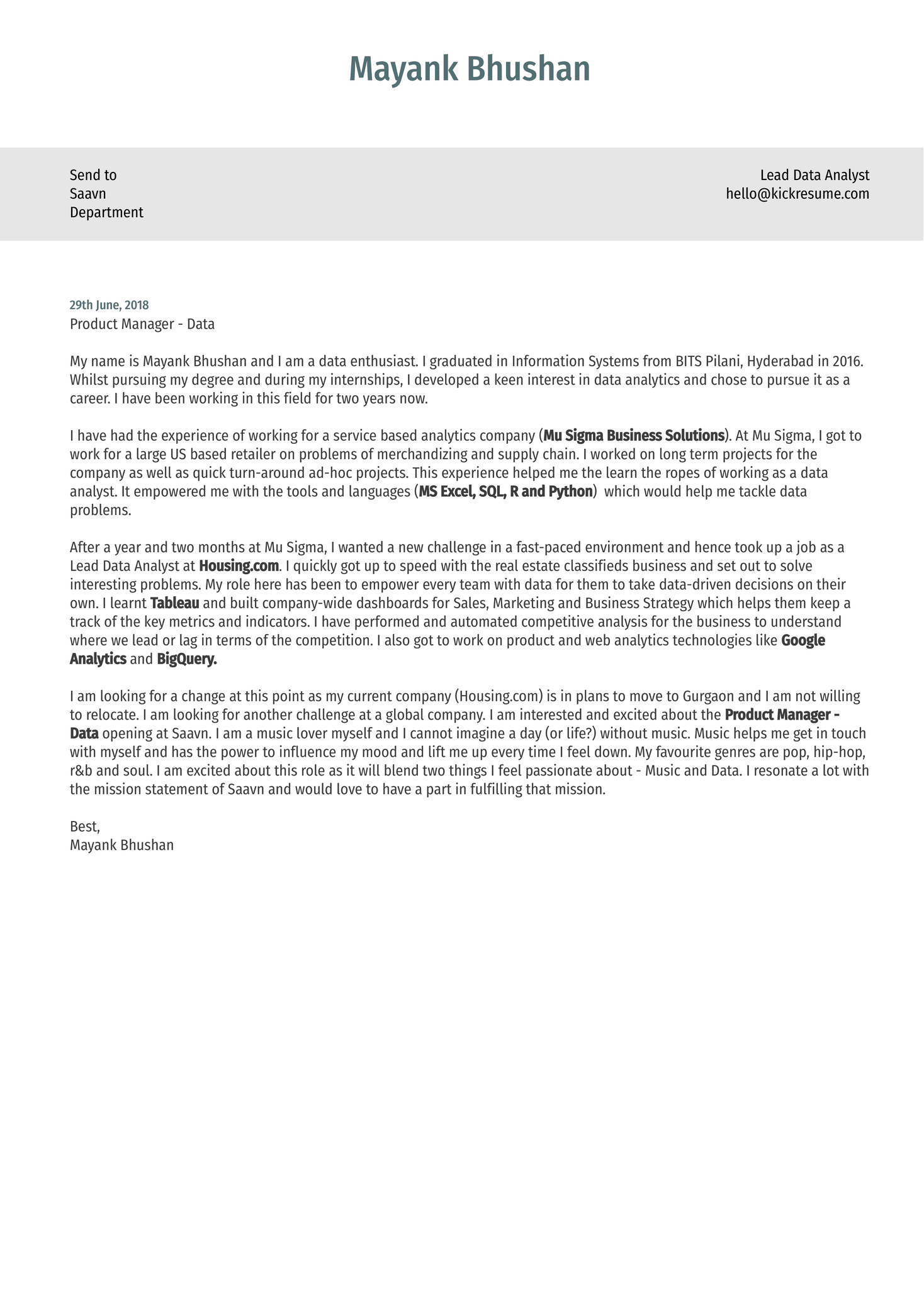 Lead Data Analyst Cover Letter Sample