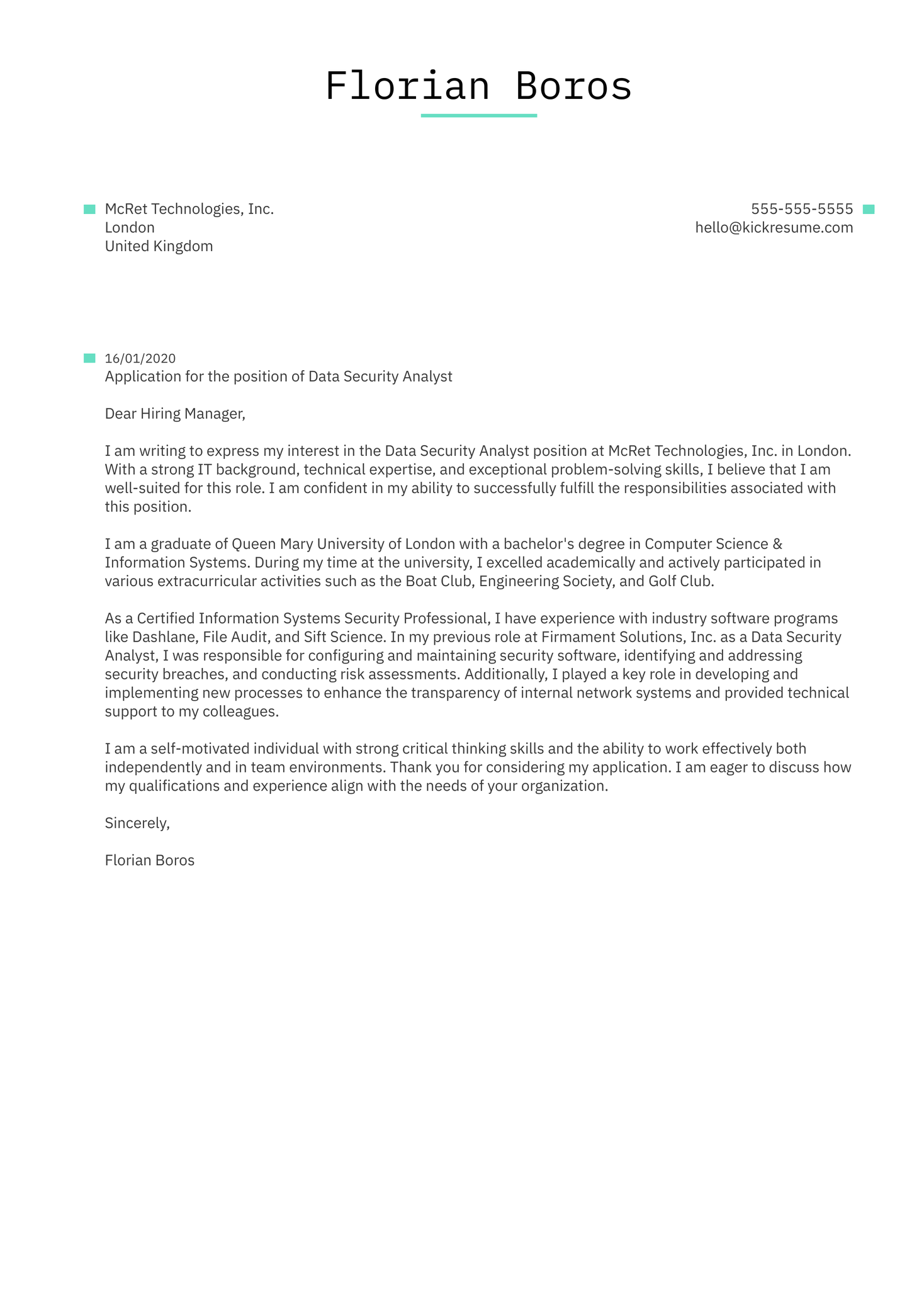 Data Security Analyst Cover Letter Sample