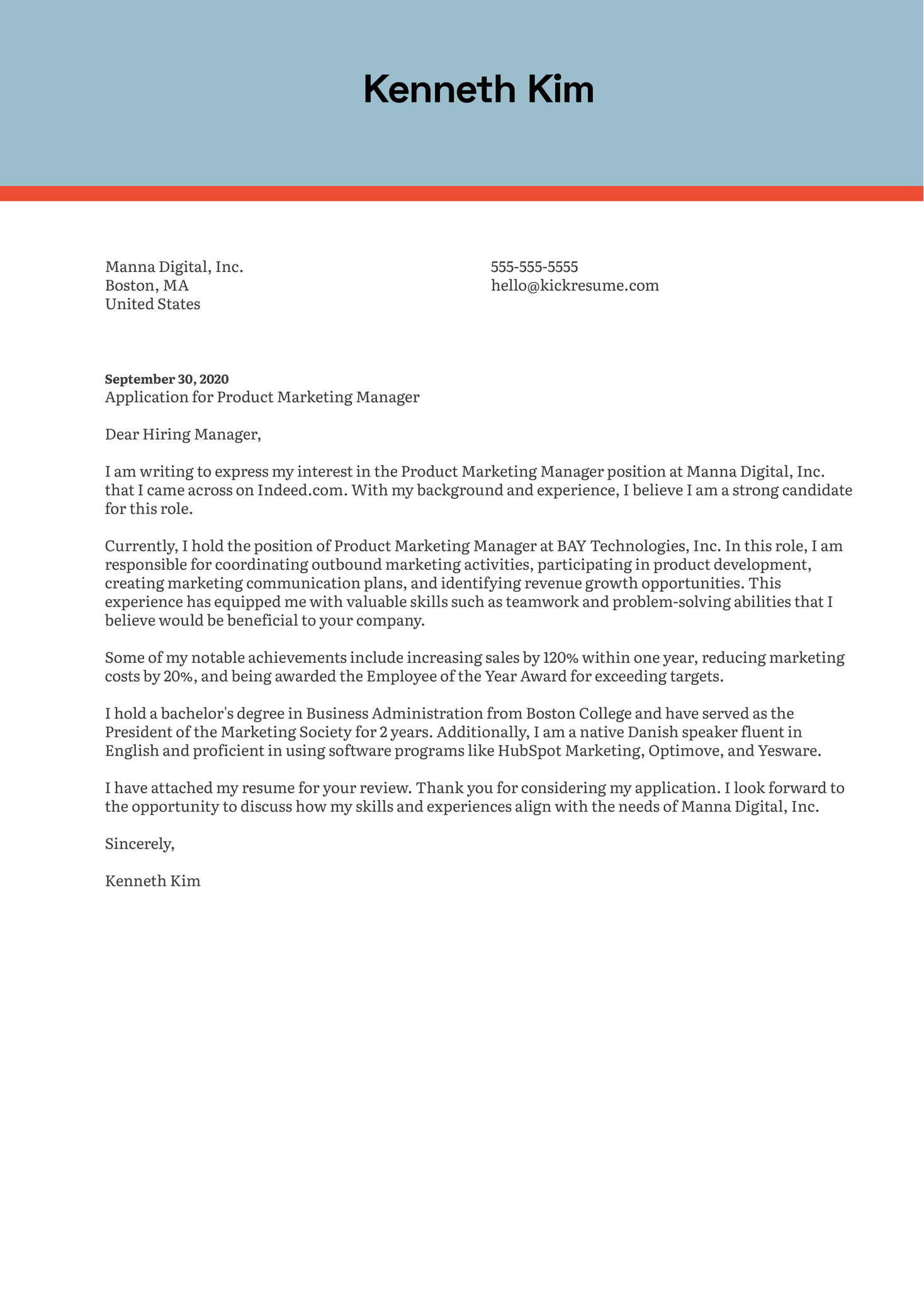 Product Marketing Manager Cover Letter Example