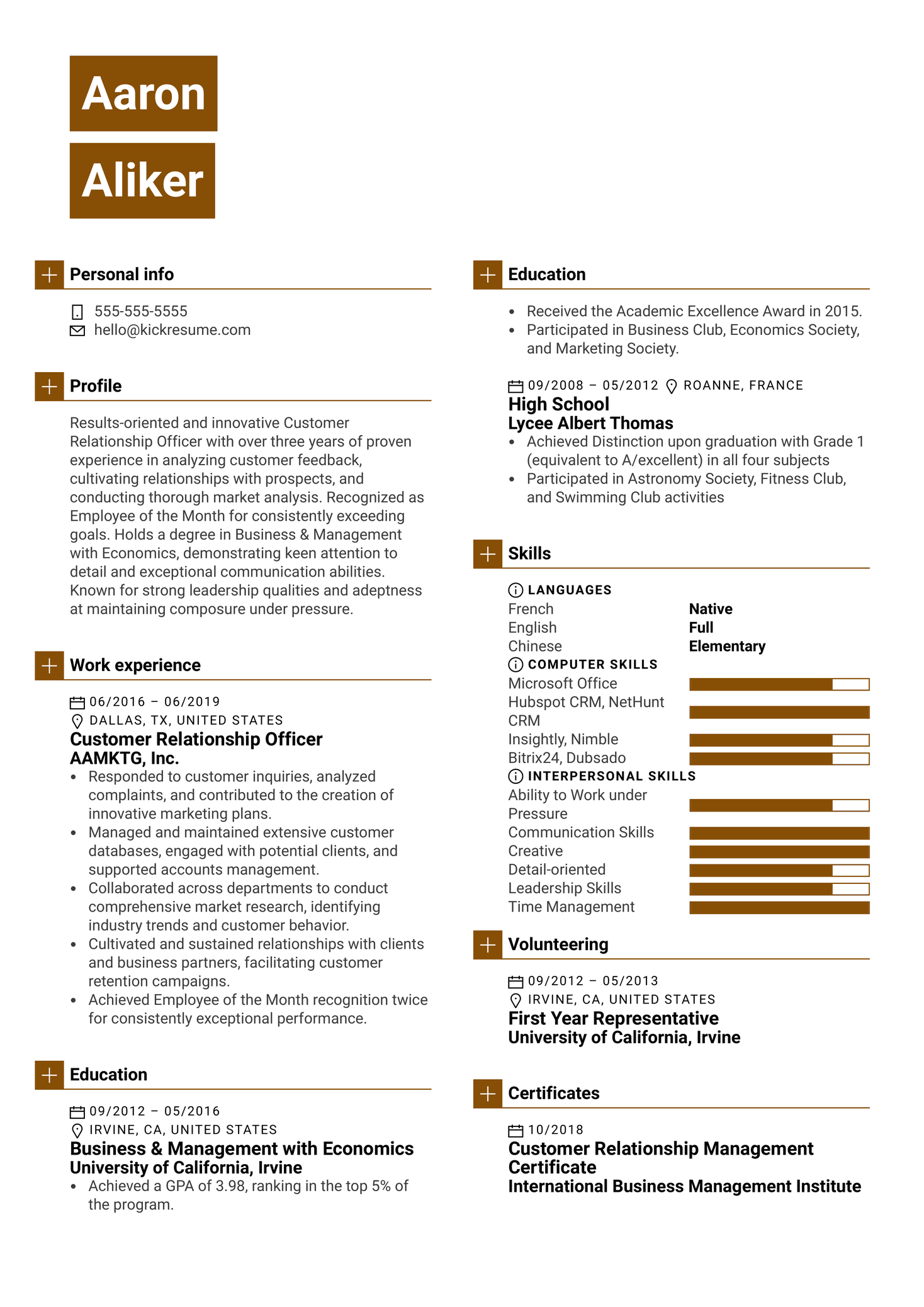 Customer Relationship Officer Resume Sample