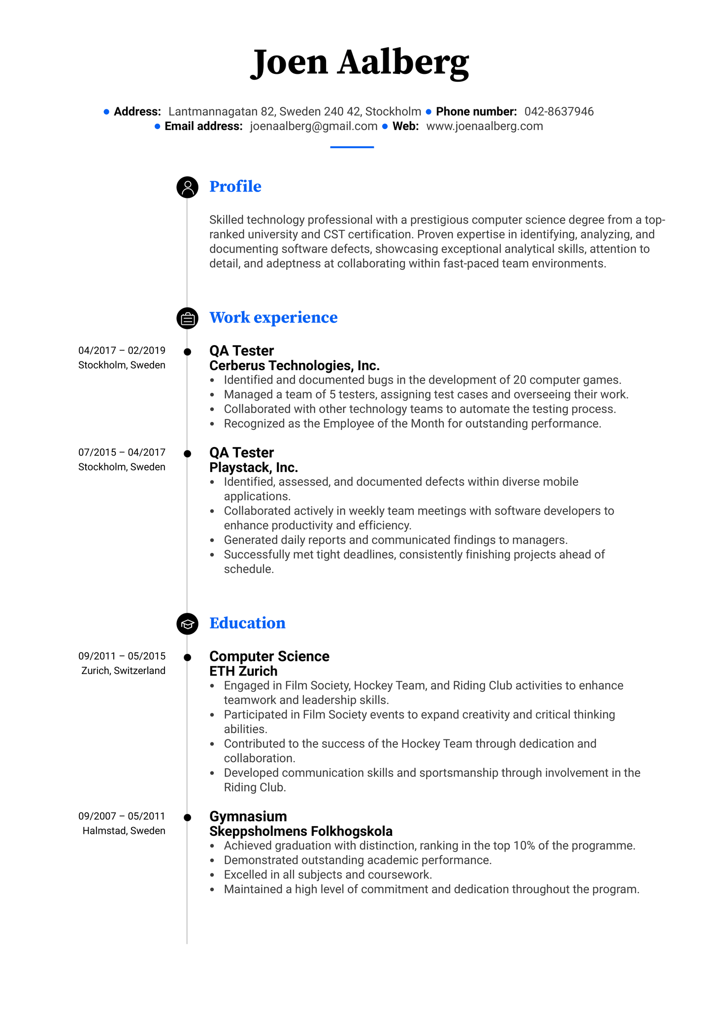 Quality Control Project Technician CV Example