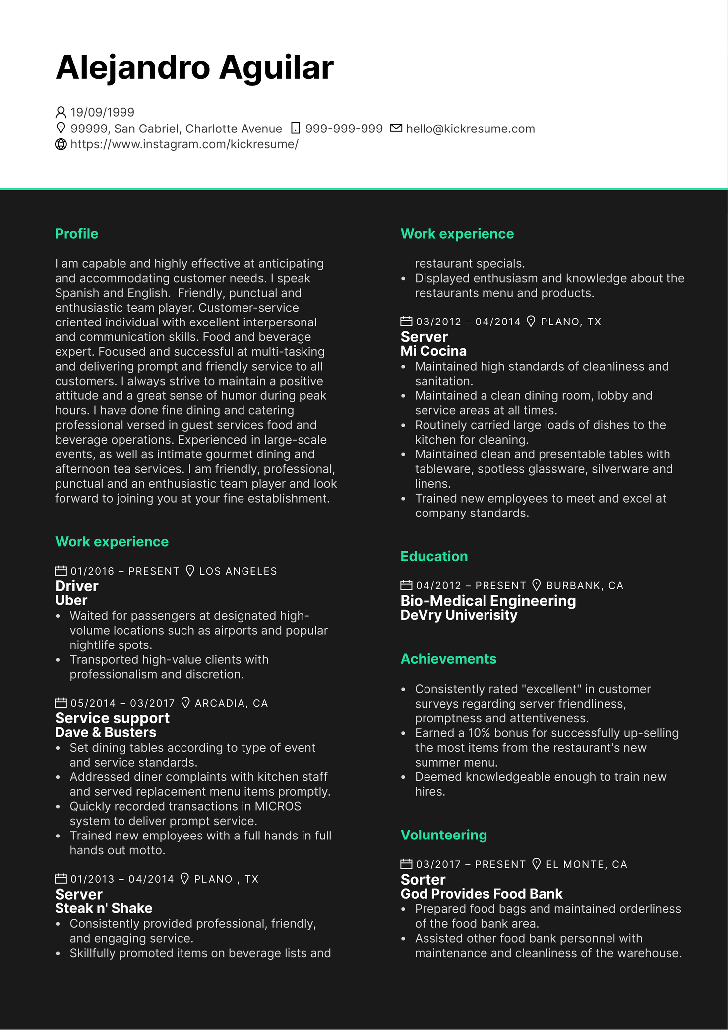 Service Support at Entertainment Business CV Example