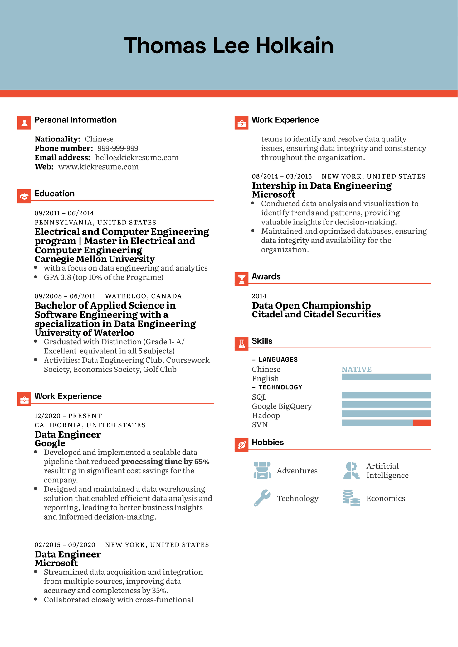 Data Engineer Resume Sample