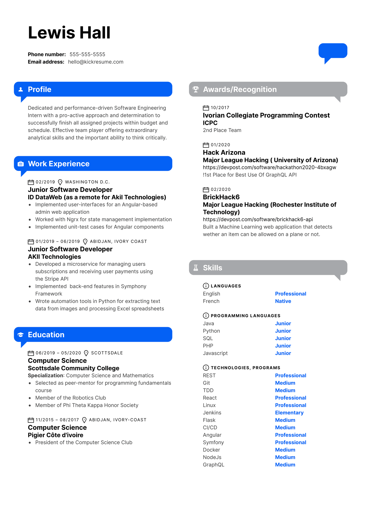 Software Engineering Intern Resume Example