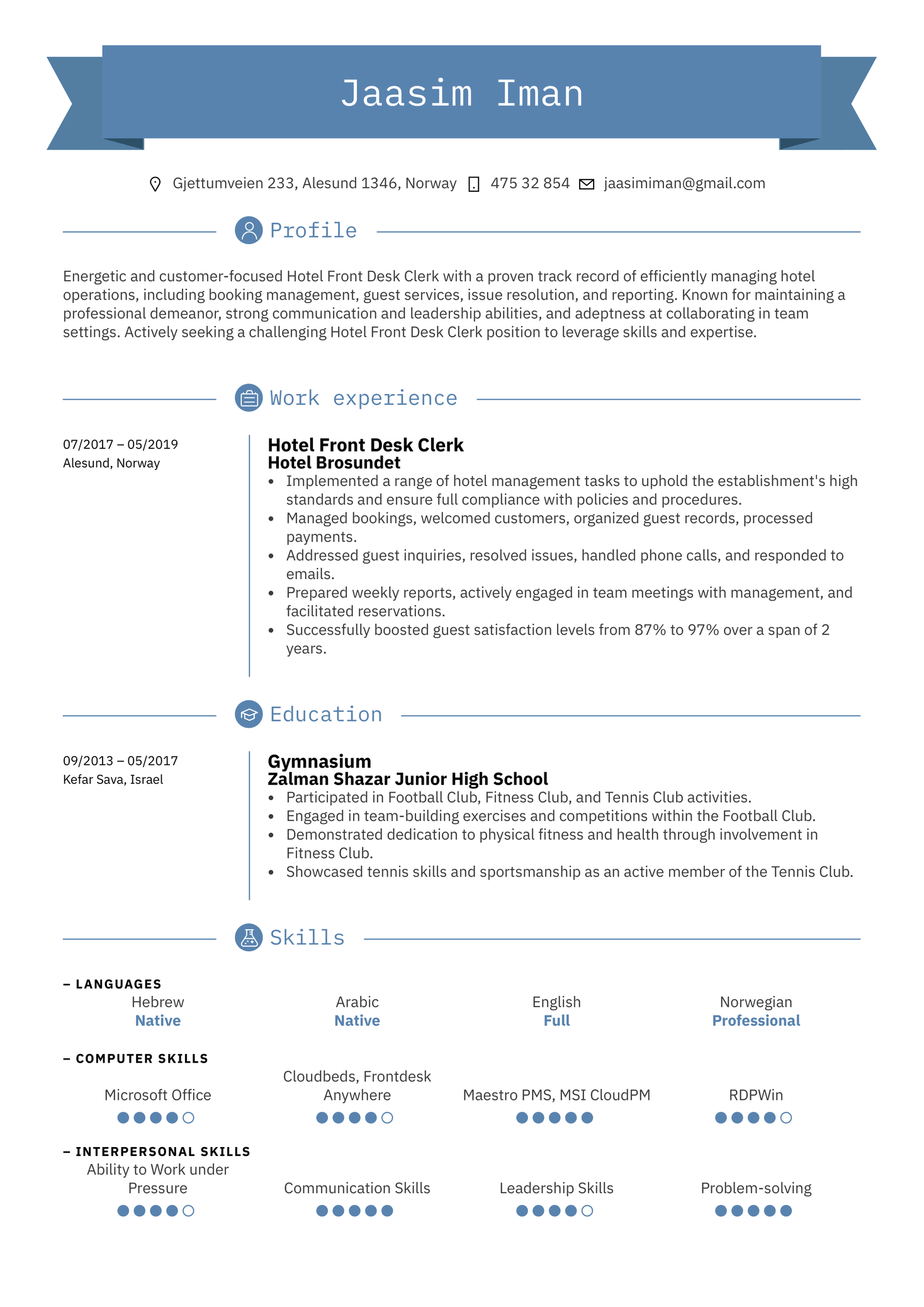 Hotel Front Desk Clerk Resume Sample