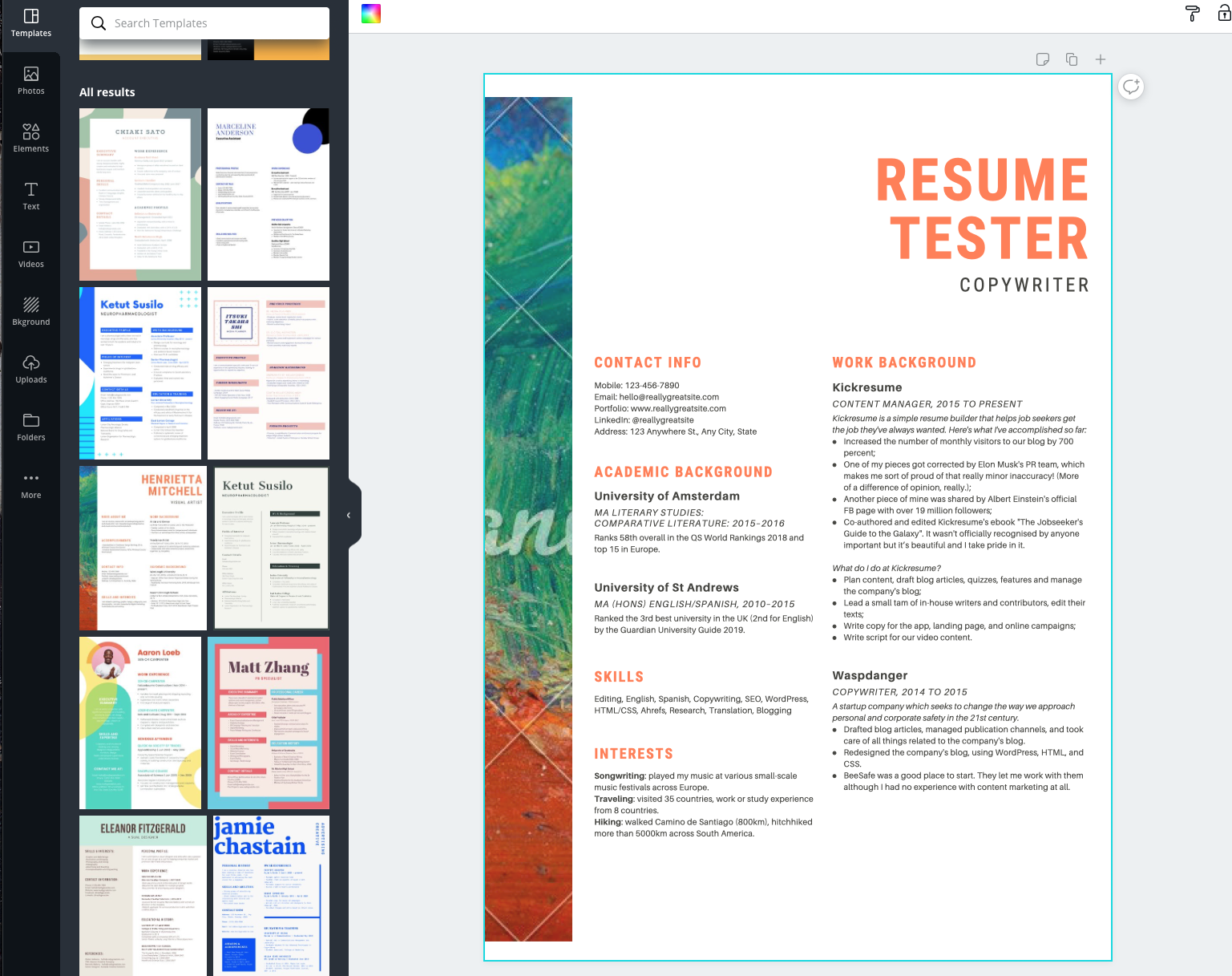 canva resume screenshot