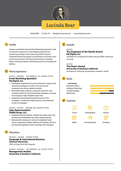 Preview of a downloadable resume template to use with the best CV creator Kickresume