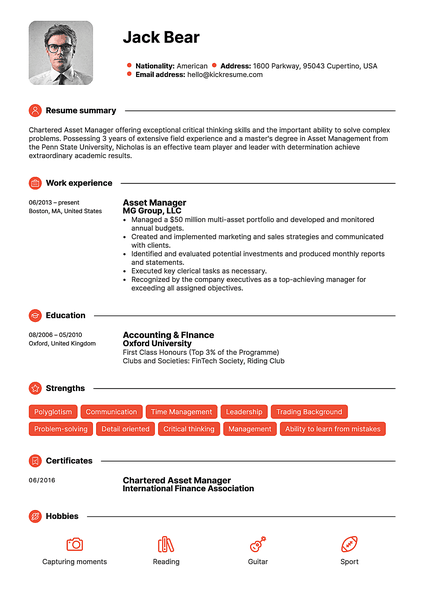 Red resume template made by Kickresume resume builder