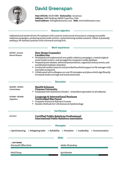 Green resume template made by Kickresume resume builder