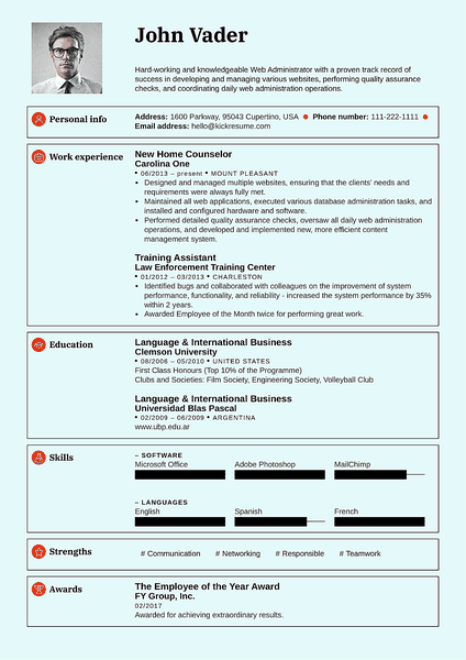 Standard resume template made by Kickresume resume builder