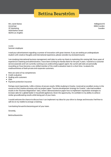Cover-sunny cover letter template made by Kickresume cover letter builder