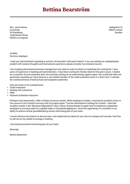 Cover-compact cover letter template made by Kickresume cover letter builder