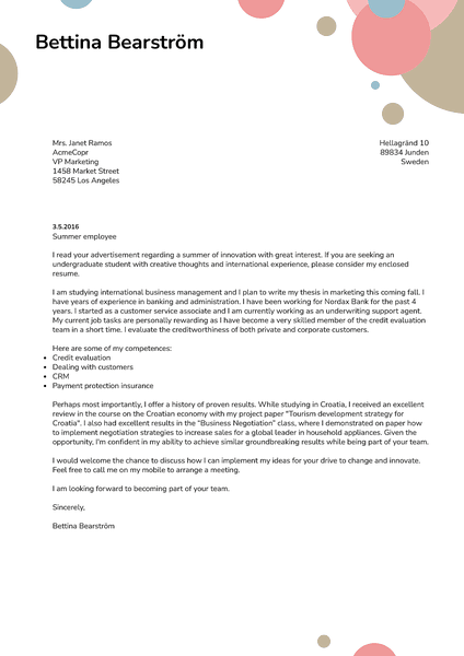 Cover-bubbles cover letter template made by Kickresume cover letter builder