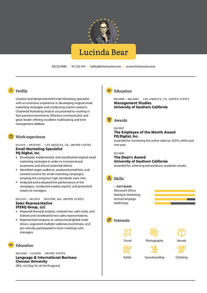 Preview of a downloadable resume template to use with the best CV creator Kickresume