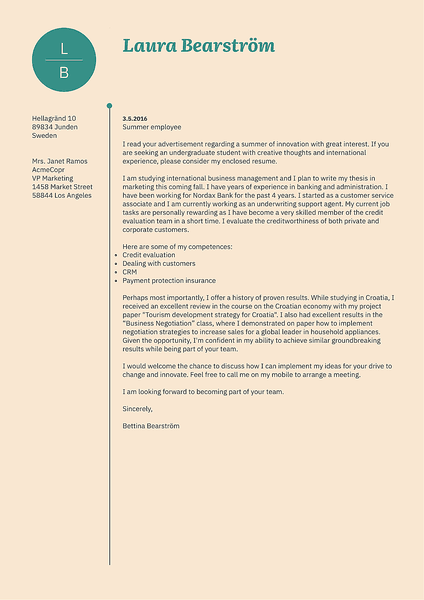 Cover-vegan cover letter template made by Kickresume cover letter builder