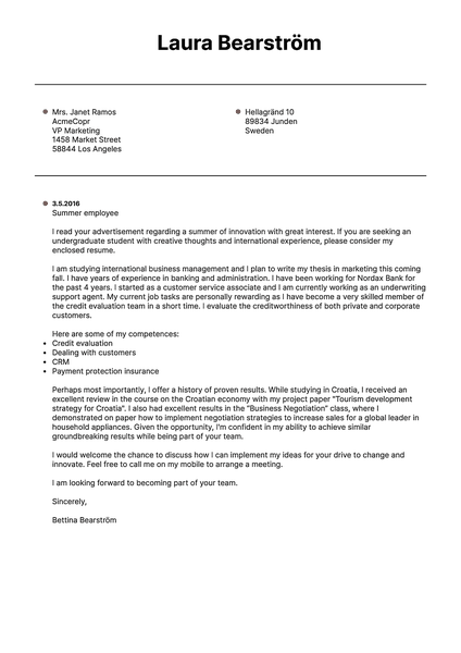 Example of a simple cover letter template designed around beautiful typography and clean formatting