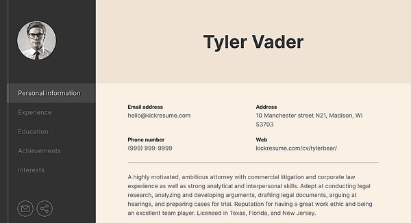 Web-sidebar website template made by Kickresume website builder