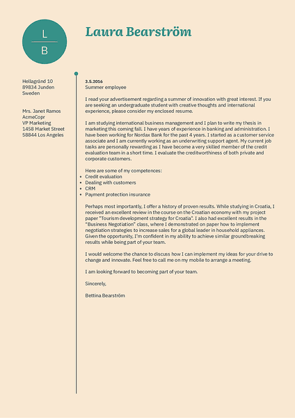 Example of a cool cover letter template designed for creative job seekers by Kickresume CV builder