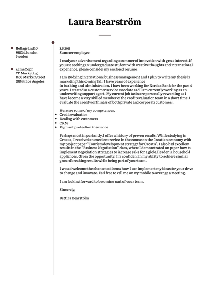 Example of a minimalistic cover letter template that is free for students thanks to Kickresume simple CV creator
