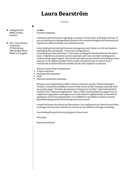 Example of a minimalistic cover letter template that is free for students thanks to Kickresume simple CV creator