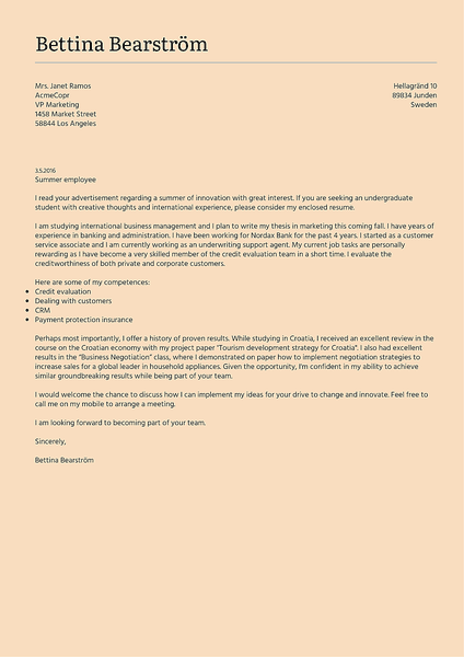 Preview of a simple cover letter template that you can use to create and download your cover letter as PDF